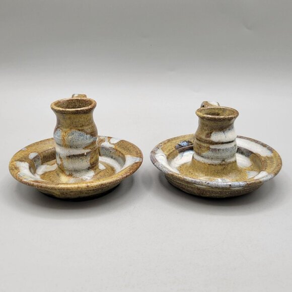 Handcrafted Pottery Taper Candle Holders Pair Stoneware Chambersticks Rustic - Picture 4 of 8